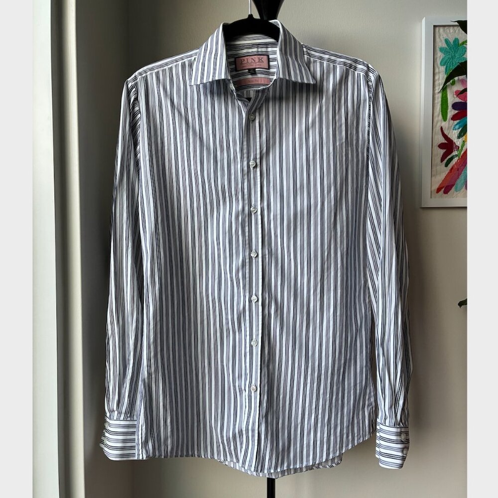 Thomas Pink Black, Gray & White Striped Slim Fit Button Down - Size 15